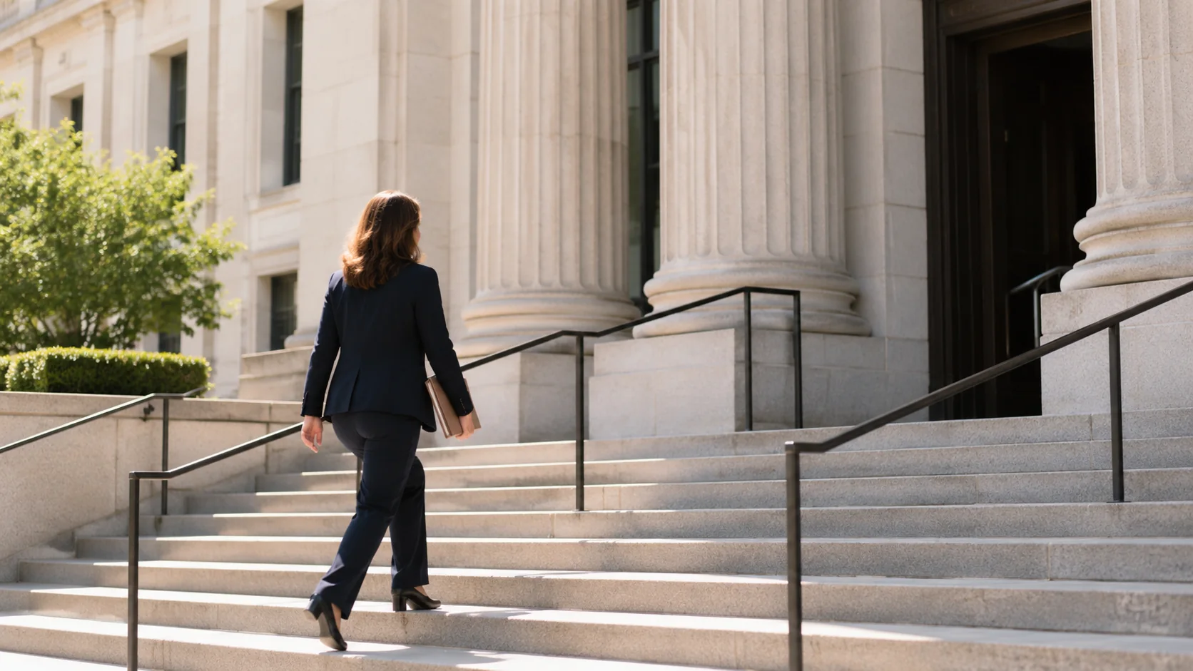 A claimant carrying documents toward a public building